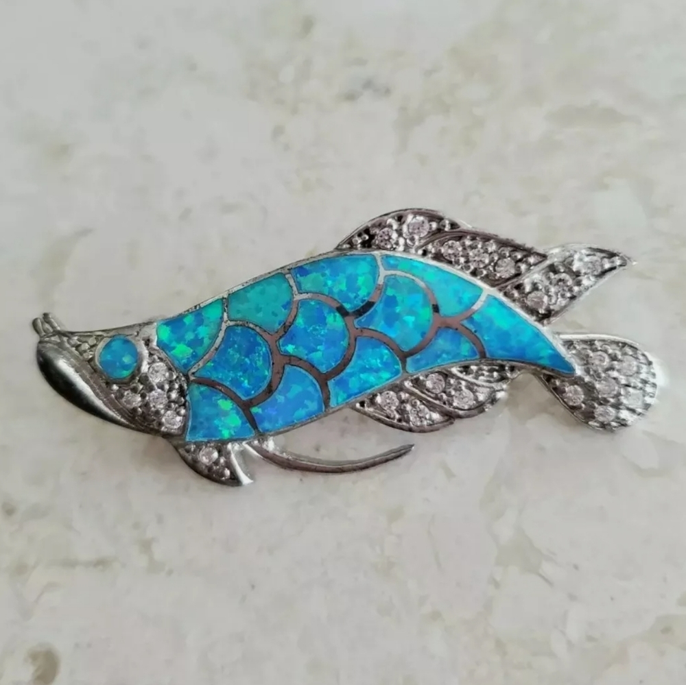 New ~ Australian Blue Opal and Sapphire Sterling Silver Pendant